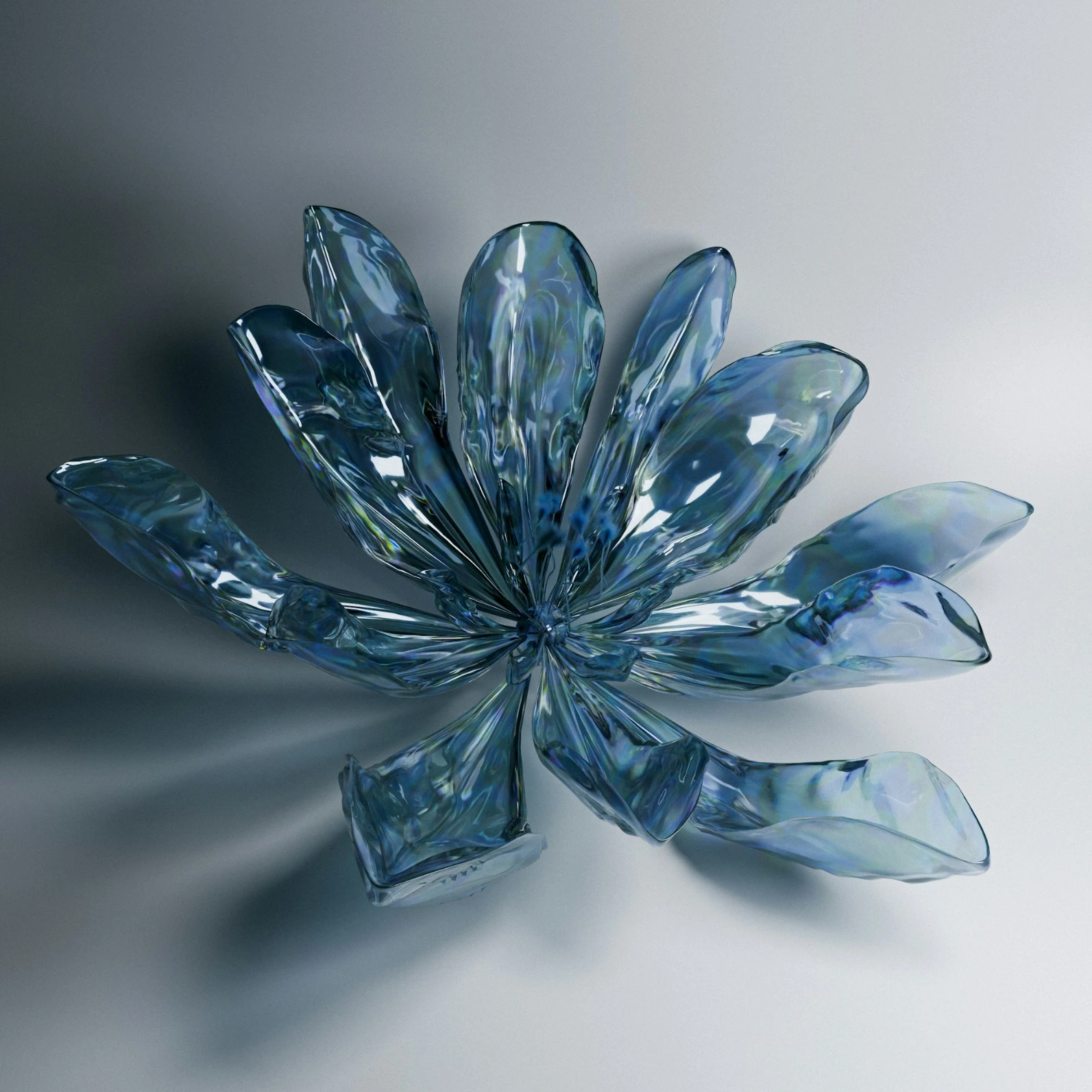 A translucent blue glass flower sculpture
